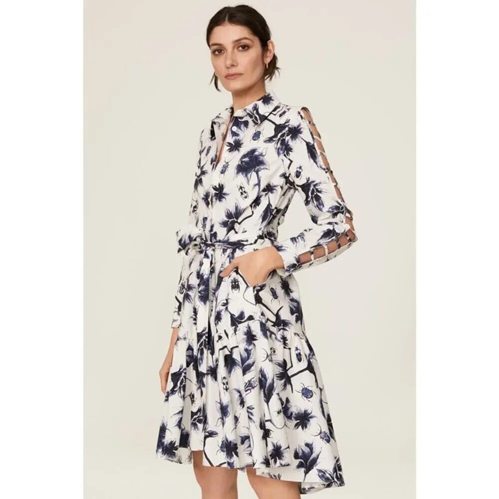 OSMAN YOUSEFZADA COLLECTIVE Blue White Floral Cutout Sleeve Shirtdress Women's 0